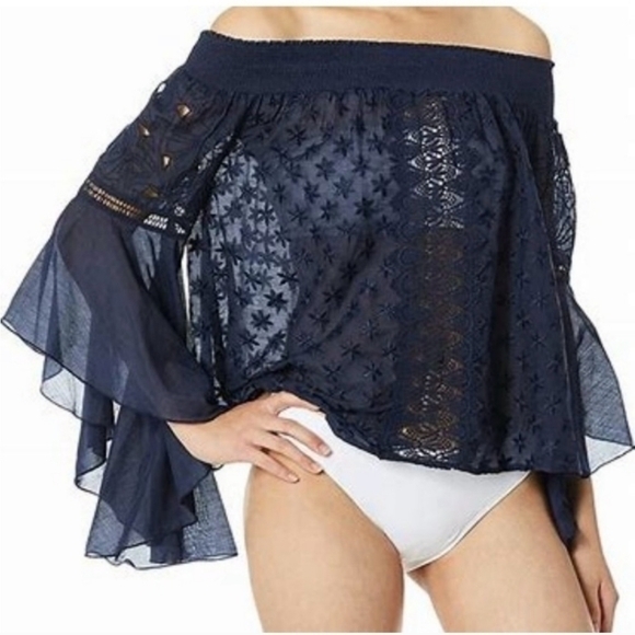 Ramy Brook New York Silk Blend Flutter Sleeve Navy Blouse Top Coverup‎ OTS - Picture 1 of 9